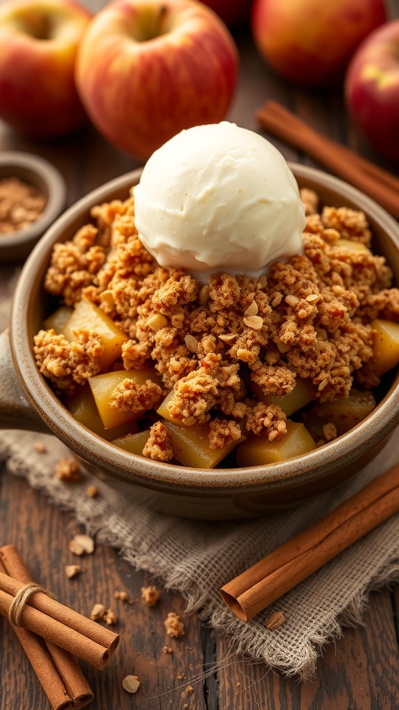 A bowl of apple crisp with oat topping and ice cream, surrounded by fresh apples and cinnamon.